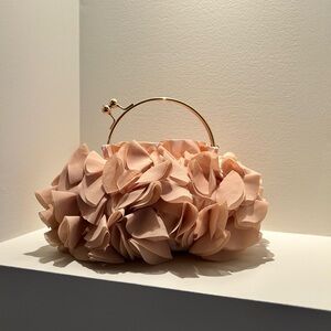Chic Ruffled Tan Clutch with Gold Handle